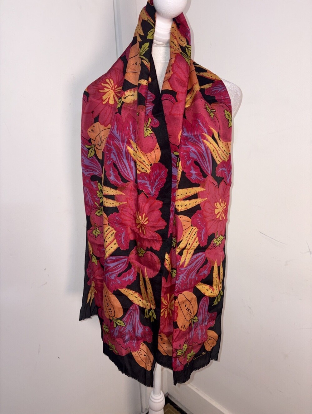 Oscar De La Renta Silk Scarf Vibrant Colors Tropical Fring Edge 64” X 16”